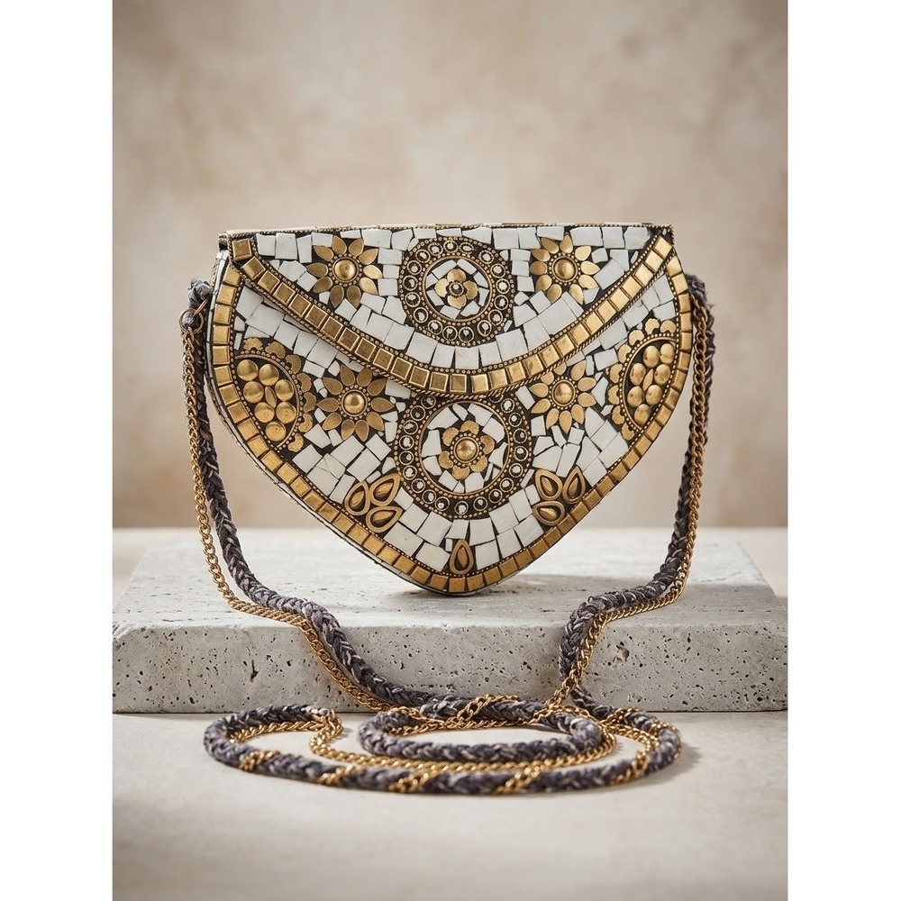 Antik Kraft Boho Mosaic Tile Crossbody Bag White Brass Floral Evening Clutch